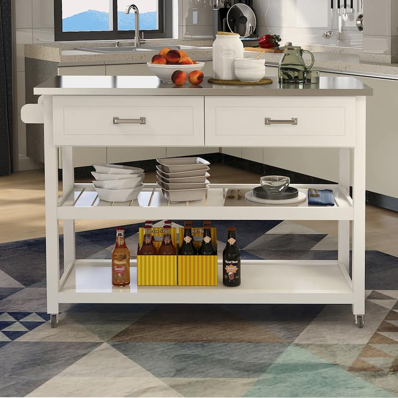 Anmytek Stainless Steel Rolling Kitchen Cart with Storage White Kitchen Island - White