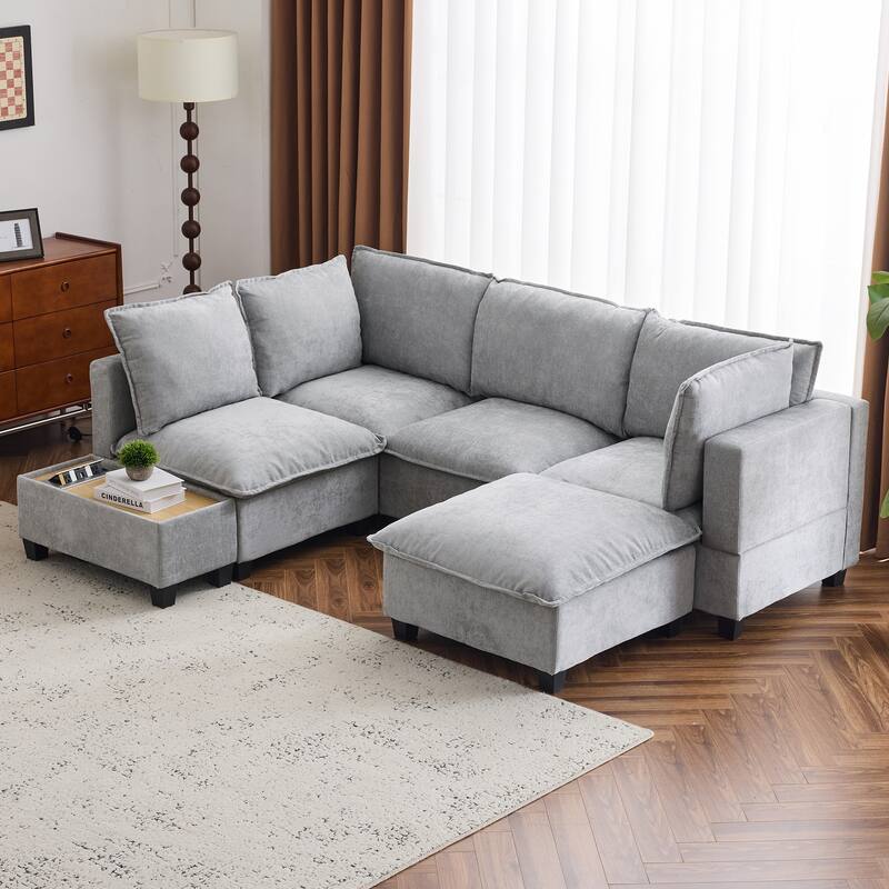 90" U-shaped Sofa with Ottoman and Hidden Charging Coffee Table, Grey Chenille