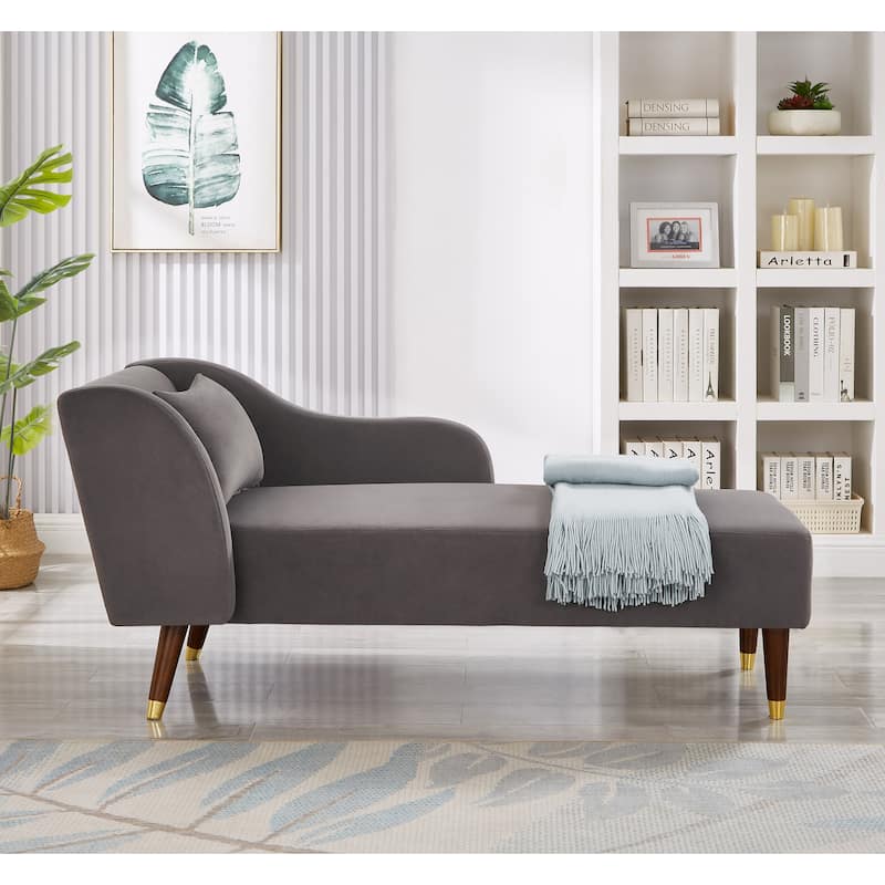 GDFStudio - Velvet Chaise Lounge with Removable Pillow and Gold-Trimmed Wooden Legs
