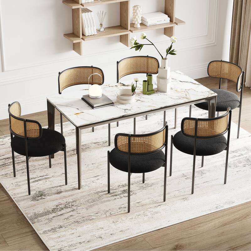 Modern Upholstered Dining Chairs Set of 4,Rattan Back Dining Room Chairs,Accent Kitchen Chairs with Metal Legs - Black