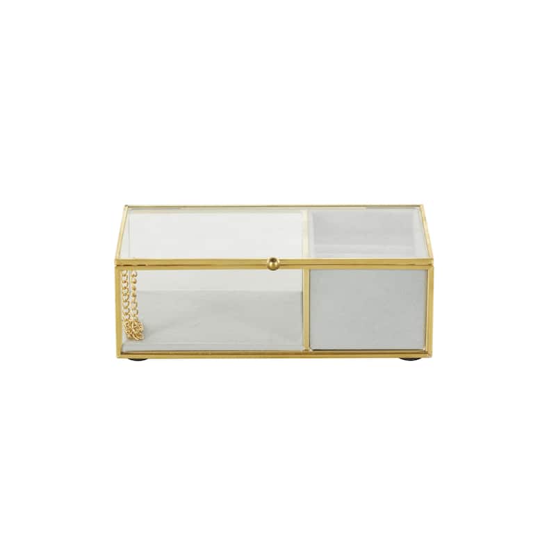 Glass Decorative Jewelry Box with Gold Metal Frame and Gray Fabric Interior with Ring Slots - Clear - Roche River Decor