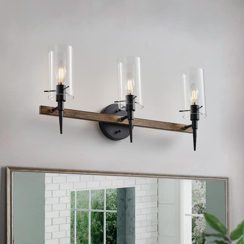 Farmhouse Black 3-Light Candle Vanity Light with Cylinder Glass Shades