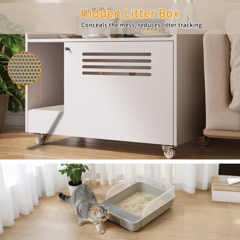 Cat Litter Box Enclosure, Hidden Litter Box Furniture with Wheels, Pet House Decorative Side End Table