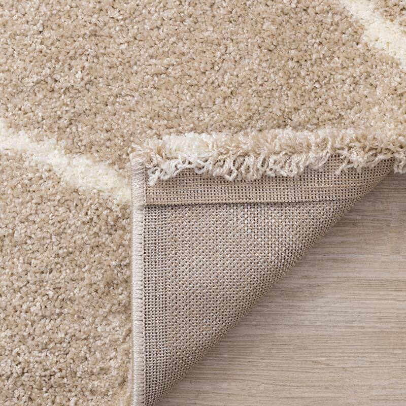 Taupe Cream Curved Lines Shag Living Rug