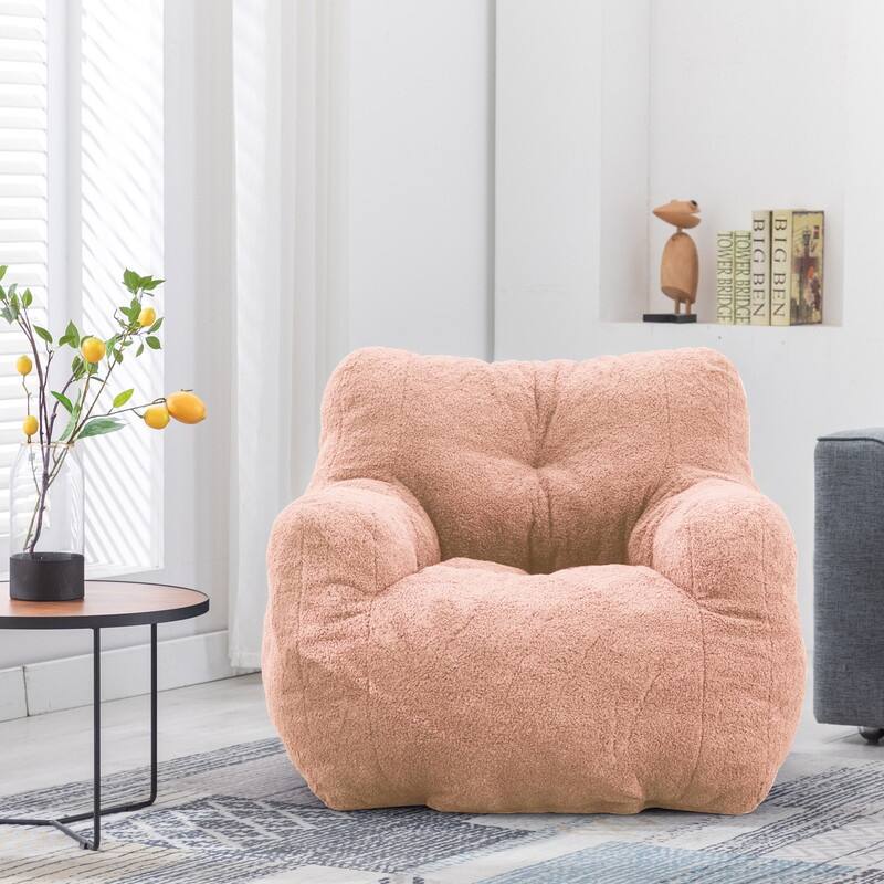 Grondin Mid-Century Modern Faux Fur Fabric Upholstery Bean Bag Chair Tufted Foam Padding Lazy Sofa with Armrests - Pink