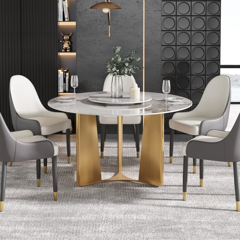 53" Modern Round Dining Table with Marble Top for 4-6, Sintered Stone Kitchen Table with Dining Table with Metal Legs