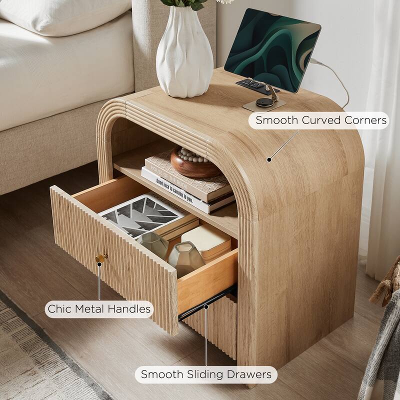 Modern Fluted Nightstand with Charging Station, Arched End Table