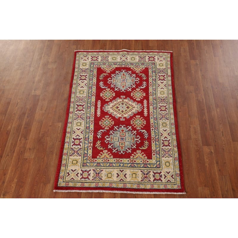 Red Kazak Oriental Accent Rug Hand-Knotted Geometric Wool Carpet - 3'4"x 5'0"
