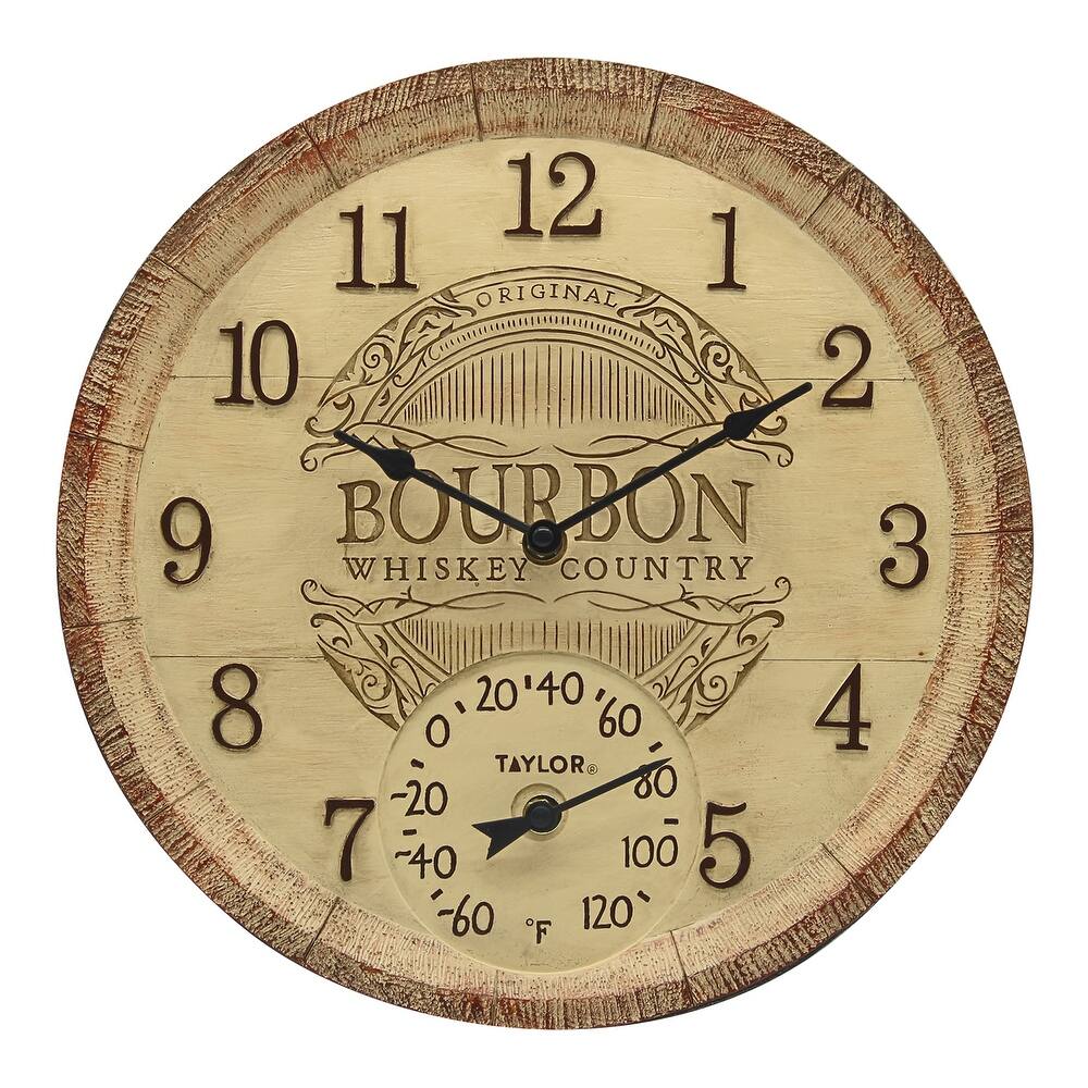 Taylor Poly Resin Bourbon Barrel Clock with Thermometer, 14x14 Inch