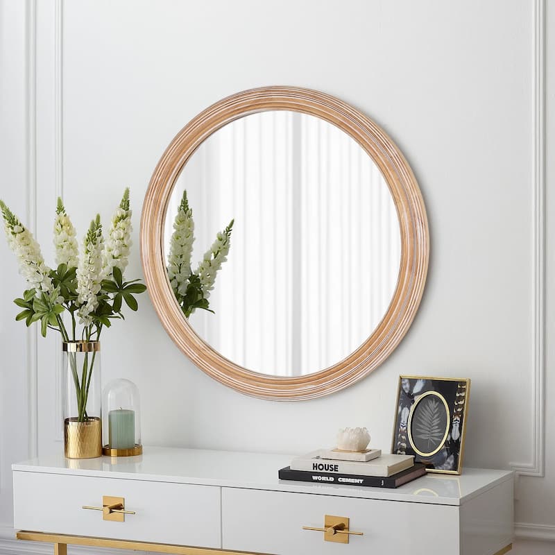 27.5" Wooden Farmhouse Round Wall Mirror for Bathroom Vanity