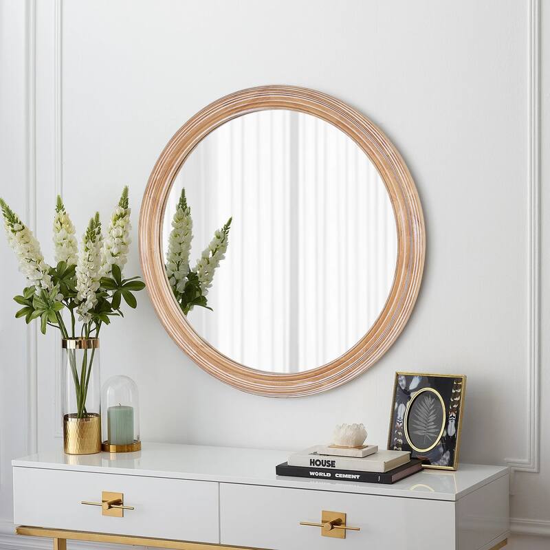 Round Wood Ribbed Detail Wall Mirror - Coastal & Farmhouse Decor for Bathroom, Entryway - Natural Wood