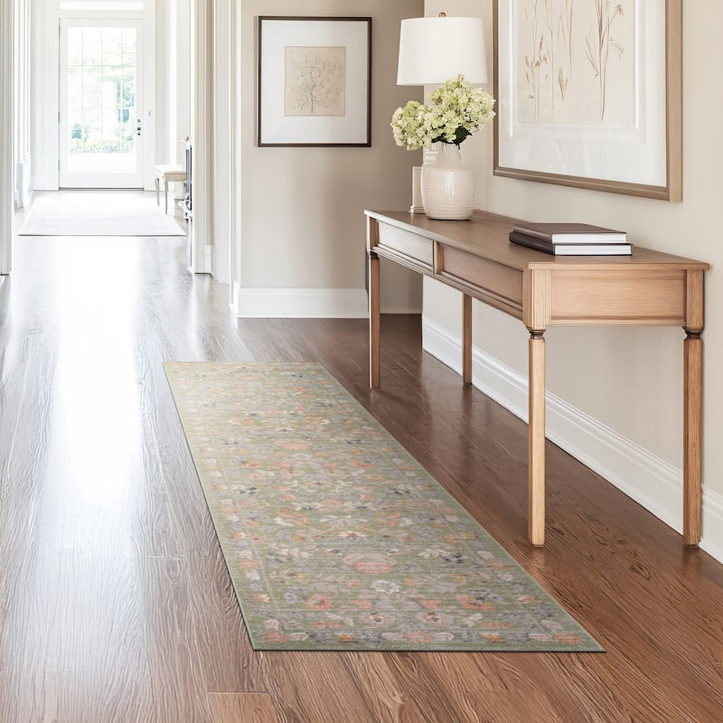 Crosswood Helen Traditional Floral Indoor Polyester Area Rug - 2'3'' x 7'7'' - Sage/Gold