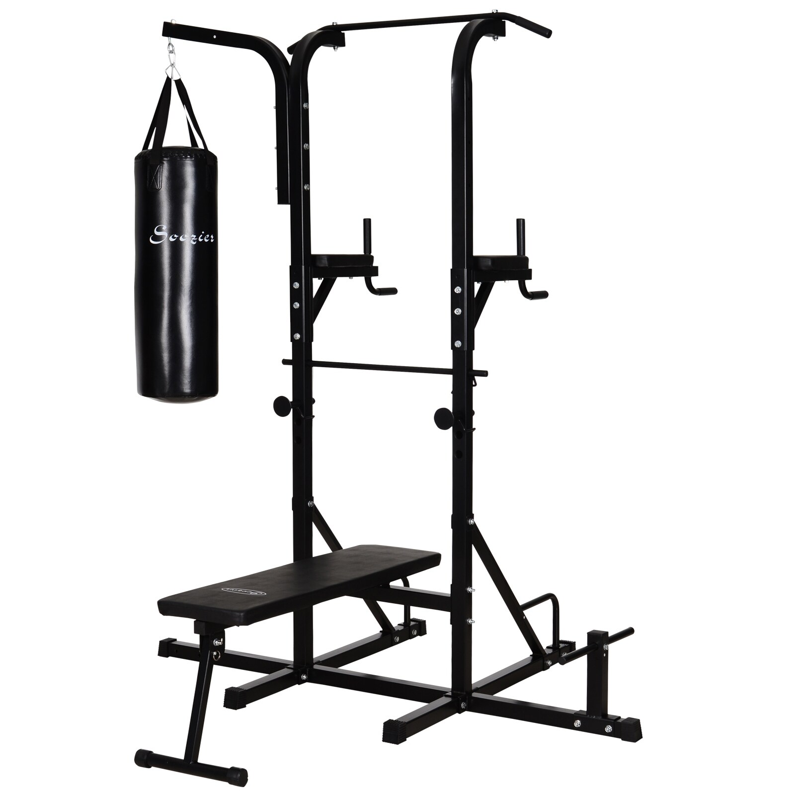 Soozier 86 Full Body Power Tower Home Gym Fitness Station with Punching Bag Adjustable Sit Up Bench 