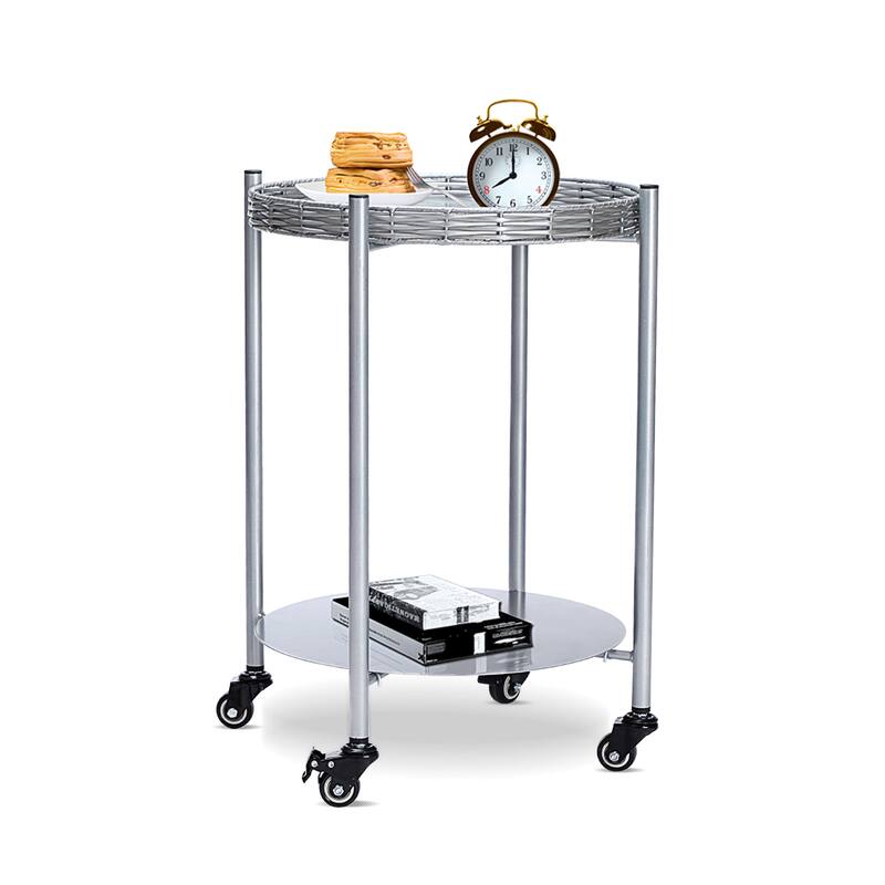Round Coffee Table with Wheels 2-Tier Movable Silver Metal Bedside Nightstand Sofa Side Table