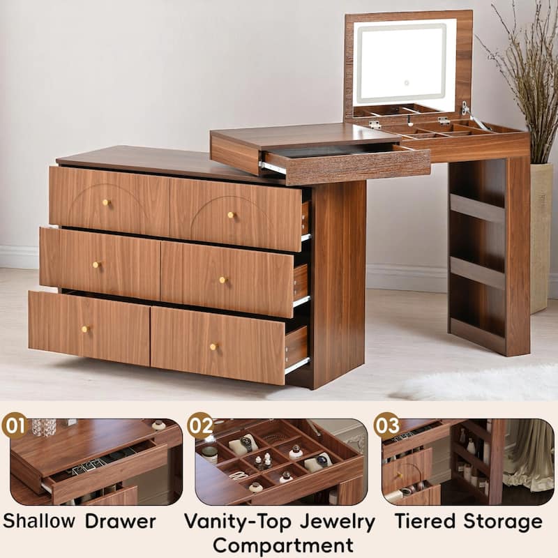 KISRAIS Vanity Desk with Mirror, Lights, and Flip-Top Tabletop