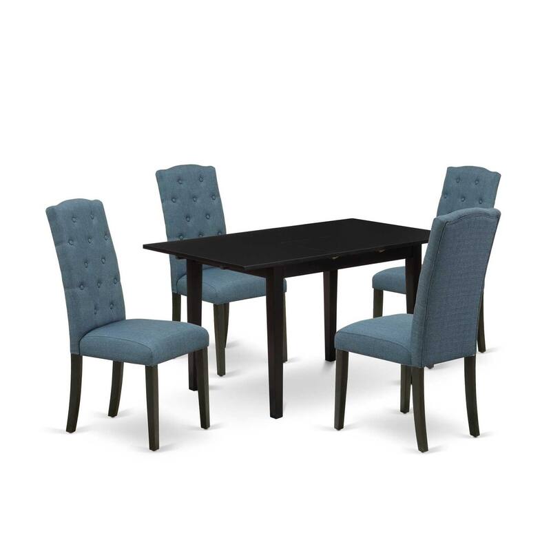 HomeStock 5-Pc Black Solid Wood Top - Rectangular Button Tufted Upholstered Dining Room Set with Butterfly Leaf - Seats 4