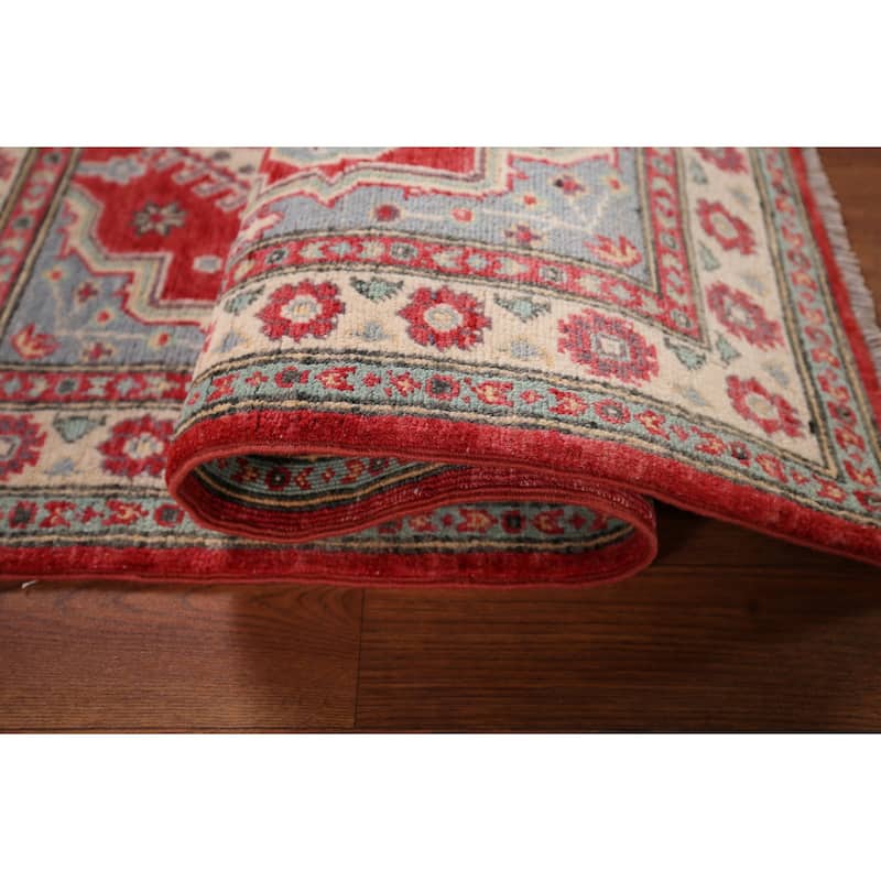 Geometric Red Kazak Accent Rug Hand-Knotted Foyer Wool Carpet - 2'10" x 4'3"