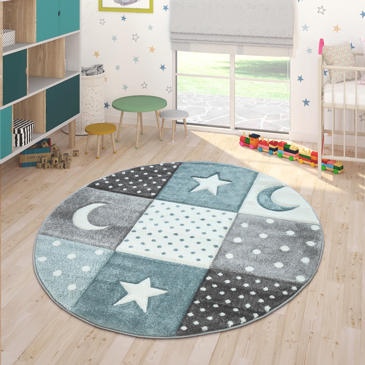 Kids Rug for Nursery with Dots Moons And Stars In Blue Pastel Colors