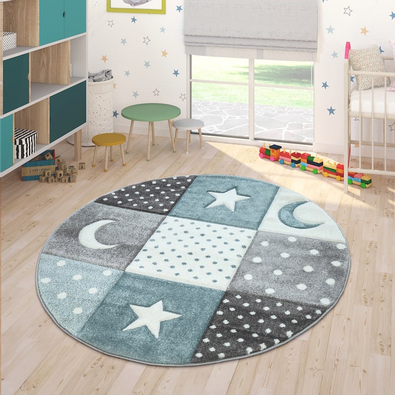 Kids Rug for Nursery with Dots Moons And Stars In Blue Pastel Colors - 3'11" Round