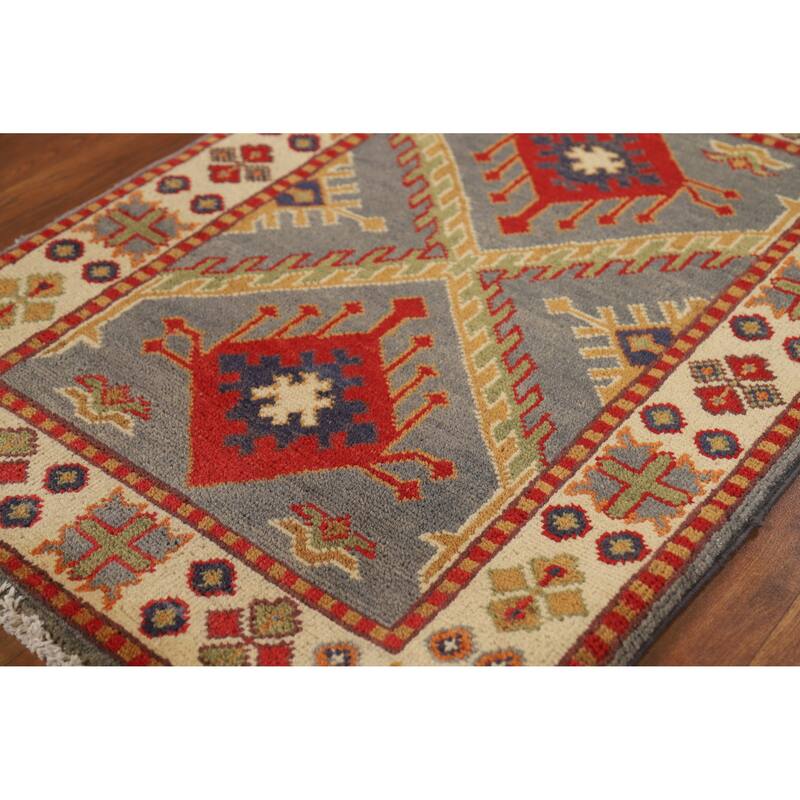 Gray Geometric Kazak Oriental Foyer Rug Handmade Wool Carpet - 2'0"x 3'0"