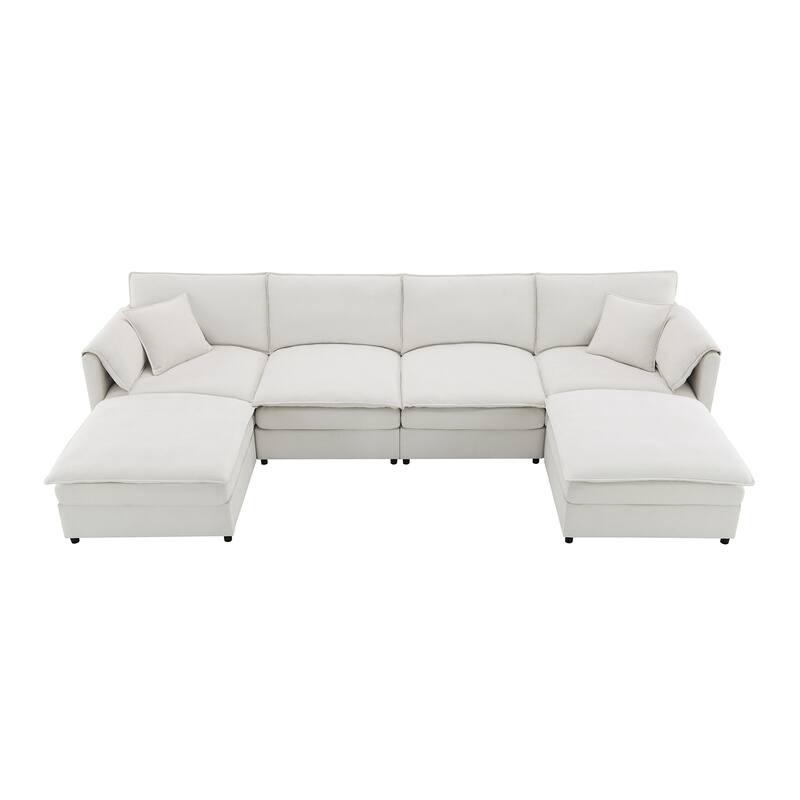 White 134" Chenille U-Shaped 6-Seater Modular Sectional Sofa with Double Cushions and Detachable Ottomans for Flexibility