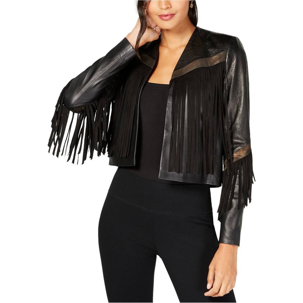 Rachel Zoe Womens Fringe-Trim Leather Jacket