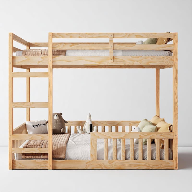 Wooden Full Over Full Bunk Bed with Safety Guardrails and Ladder, Solid Pine & MDF Construction