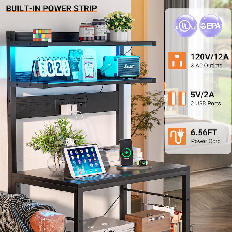 Bakers Rack Kitchen Storage Shelf with Power Outlets and RGB LED Lights,5 Tiers Coffee Bar Station,Microwave Stand