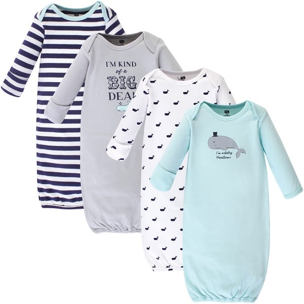 slide 1 of 1, Hudson Baby Infant Boy Cotton Long-Sleeve Gowns 4pk, Handsome Whale 0-6 Months - Handsome Whale