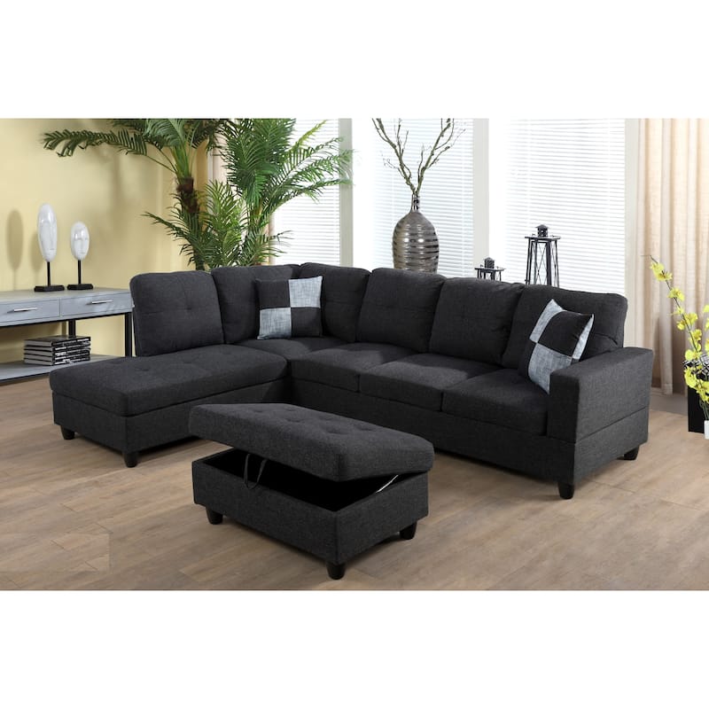 Weston 104"Wide 3-Pieces Sectional Sofa Set,Black Grey(125)