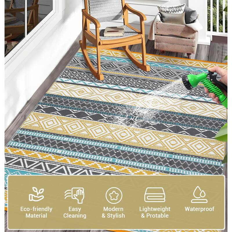 Outdoor Rug Waterproof Patio Rug Mat Geometric Rug Plastic Straw Outside Rug for RV Camping Picnic Reversible Rug