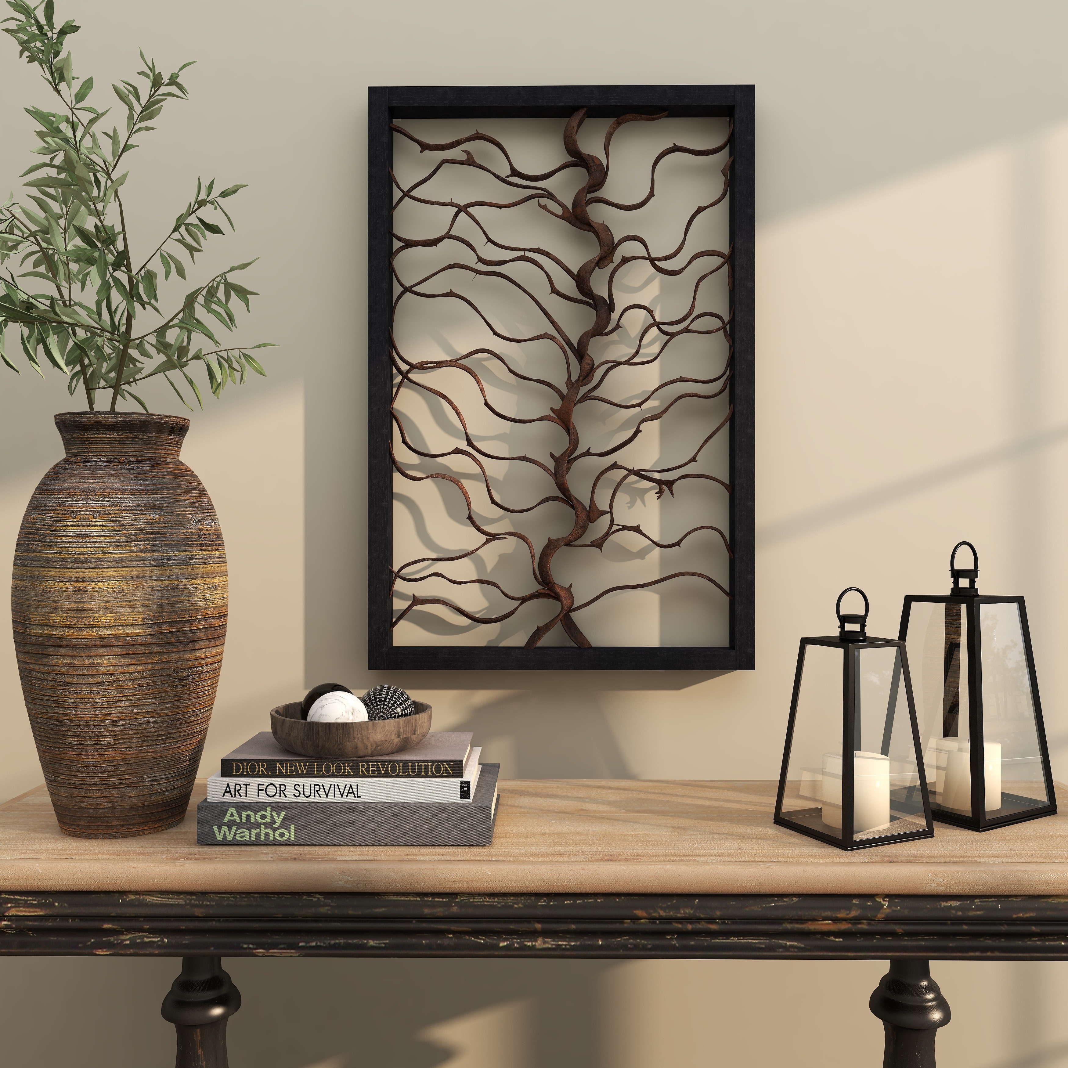 Brown Teak Wood Branch Tree Home Wall Decor with Black Frame