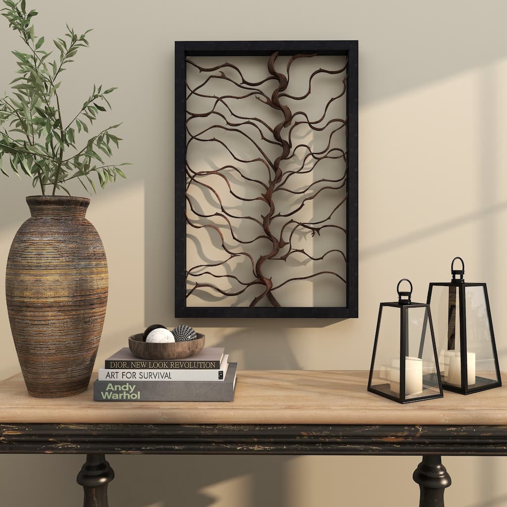 Brown Teak Wood Branch Tree Home Wall Decor with Black Frame