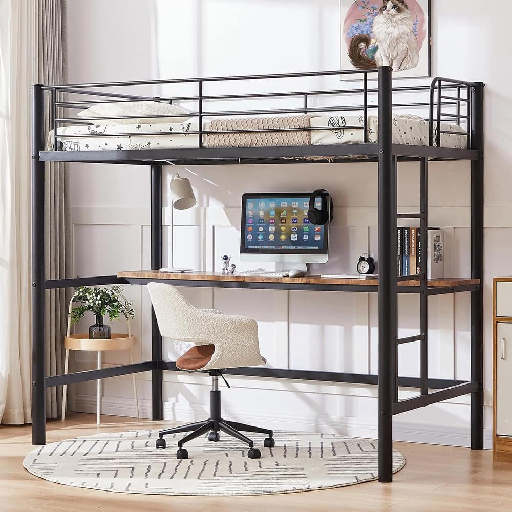 VECELO Twin Metal Loft Bed with Built-in Desk – Space-Saving Study Bed for Kids, Teens & Adults, No Box Spring Needed