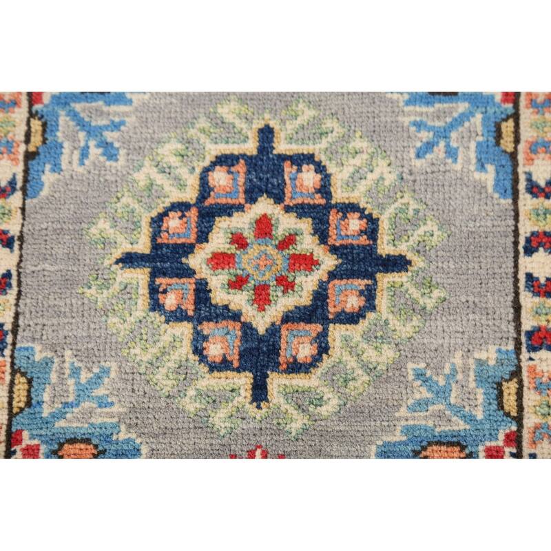 Geometric Kazak Oriental Accent Rug Handmade Grey Wool Carpet - 2'0"x 2'11"