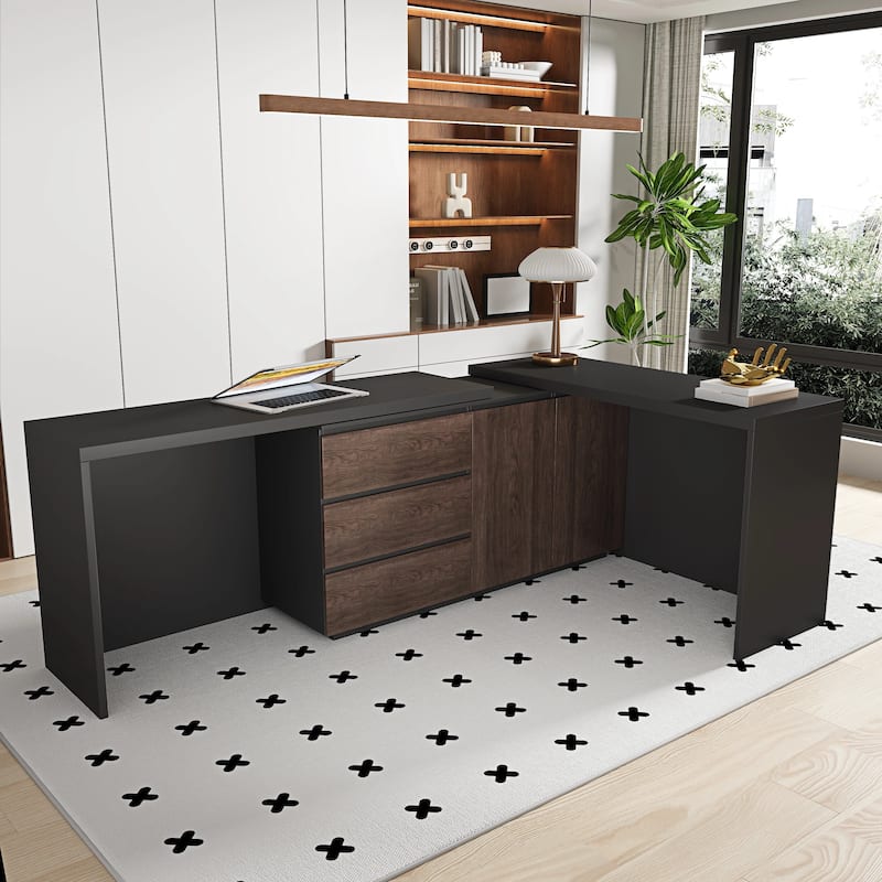 135'' Modern Home Office Expandable Dresser Desk with Storage Drawers and Cabinet