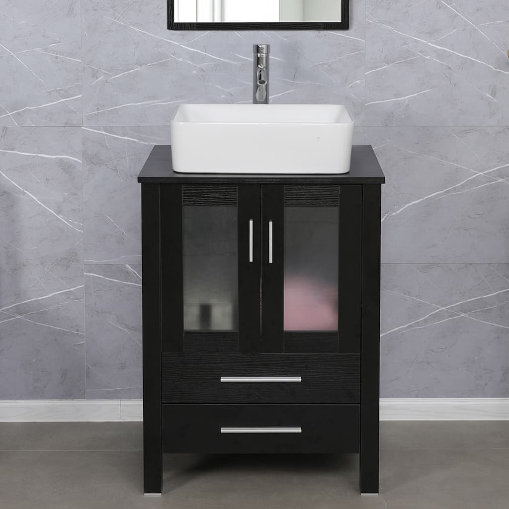 eclife 24" Classical Bathroom Vanity Set with Tempered Glass Vessel Sink Oil Rubbed Bronze Faucet and Drain
