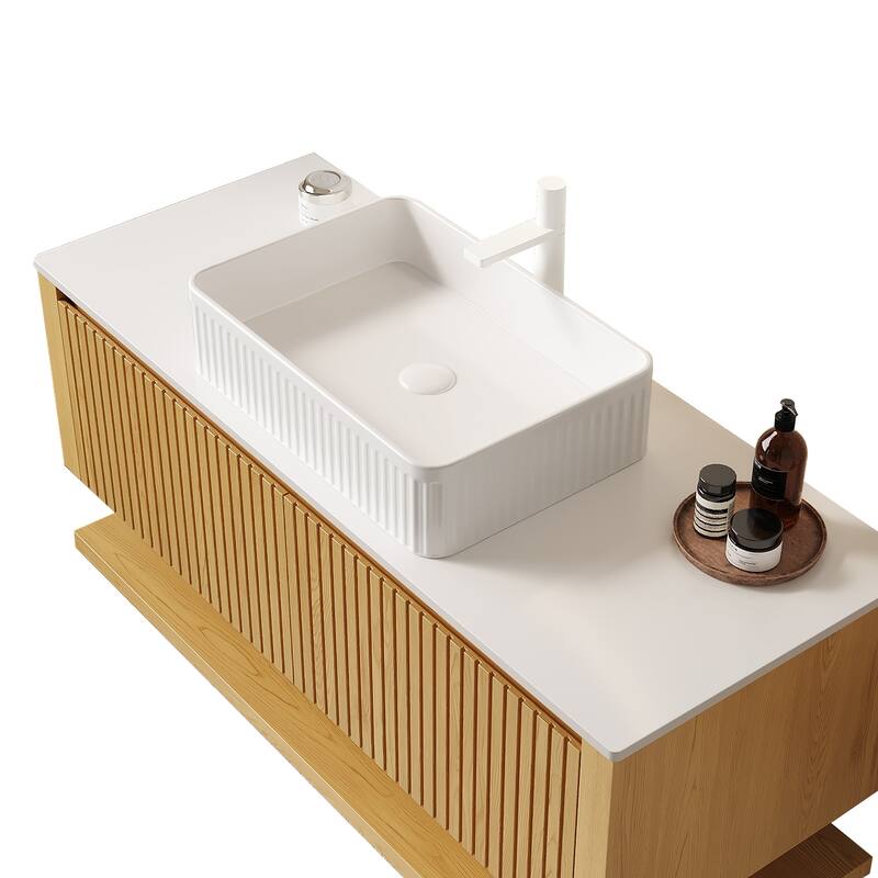 GDFStudio - Hizon Modern 48" Floating Bathroom Vanity with Ceramic Basin, Corolla Oak Finish & Open Shelf, WITHOUT Faucet