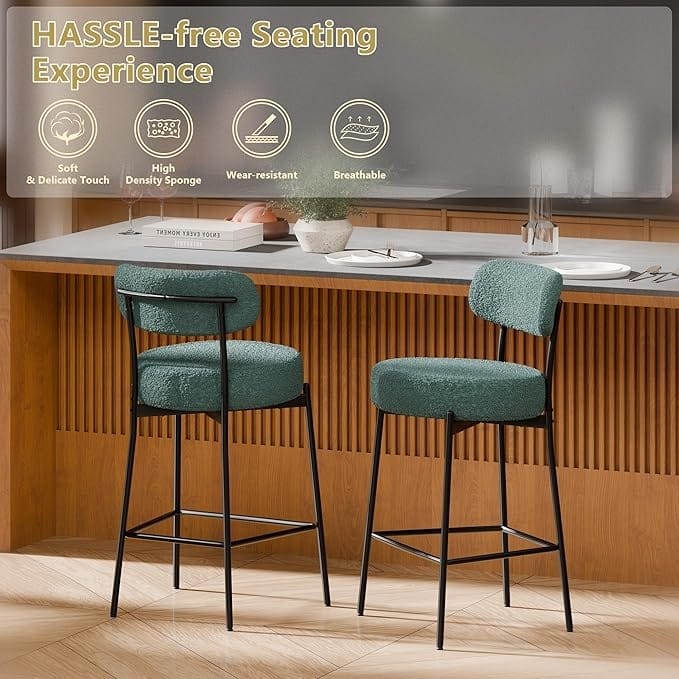 XINMICS 24 Inches Modern Counter Height Bar Stools with Curved Back Metal Legs, Upholstered Boucle Barstools, Set of 2/3/4