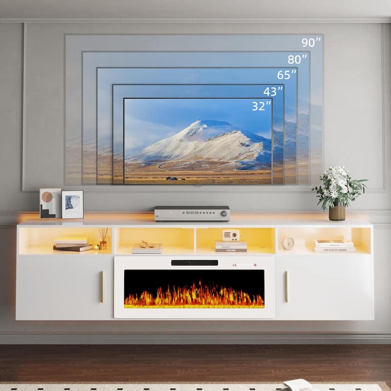 BOSSIN 80" Floating TV Stand with 36" Electric Fireplace, High Gloss Finish Wall Mounted Fireplace TV Stand with Storage