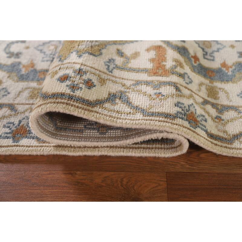 Beige Floral Oushak Runner Rug Hand-knotted Wool Carpet - 2'6"x 9'10"