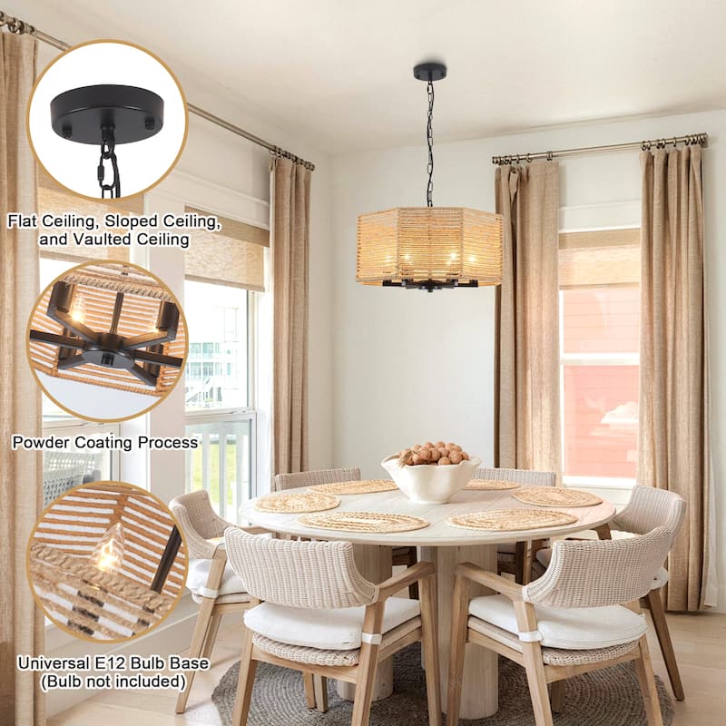 18.89-inch Bohemian-style 6-light octagonal metal chandelier with twine lampshades and adjustable height