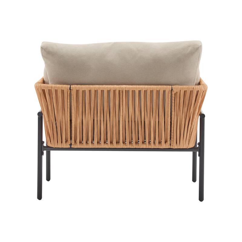 Outdoor Rope Weave Lounge Chair, Modern Patio Accent Armchair with Metal Frame & Cushions for Backyard, Balcony, Living Room