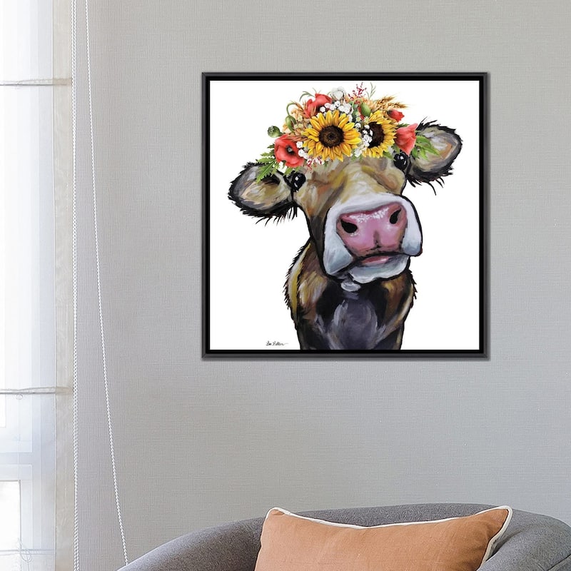 iCanvas "Cow Sunflower Art, Hazel" by Hippie Hound Studios Framed