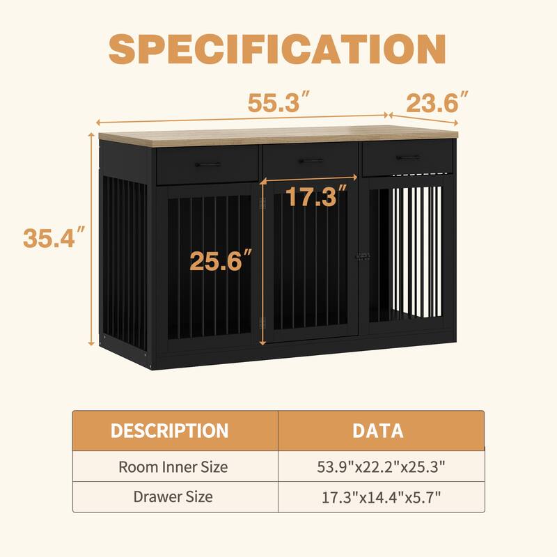 Furniture Style Dog Crate with Storage Drawers, Large Dog Kennel Cabinet with Wood Top, Double Door Pet Crate End Table