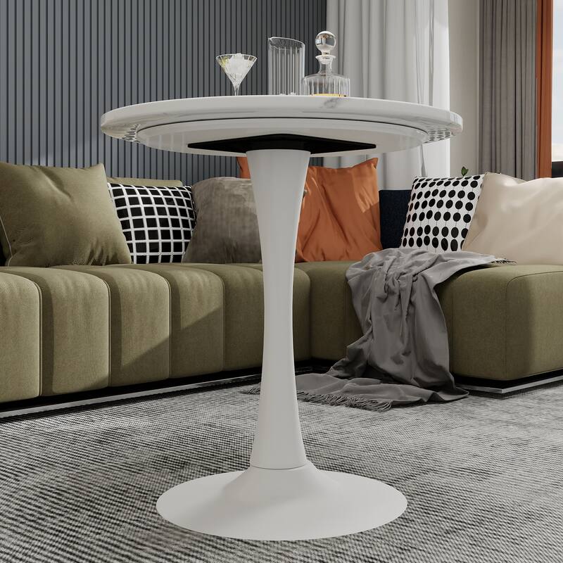 27.6-Inch Mid-Century Modern Style Dining Table, Accommodates 2-4 People, Featuring A Round White-Veined Marble Tabletop