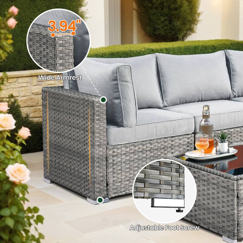 HOOOWOOO 8-piece Grey Wicker Patio Furniture Set Sectional Sofa with Fire Pit Table