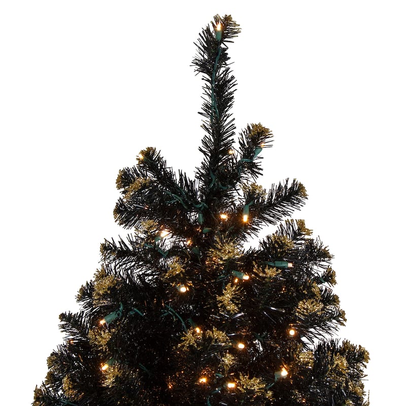 Pre-Lit LED Black Crystal Pine with Gold Glitter Artificial Christmas Tree - 7.5 ft Clear Lights - 7.5'