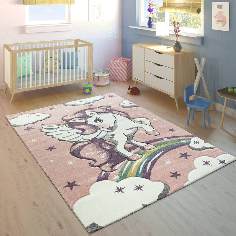 Kids Rug for Nursery Enchanted Unicorn and Rainbows in the Sky - 6'7" Round - Pink