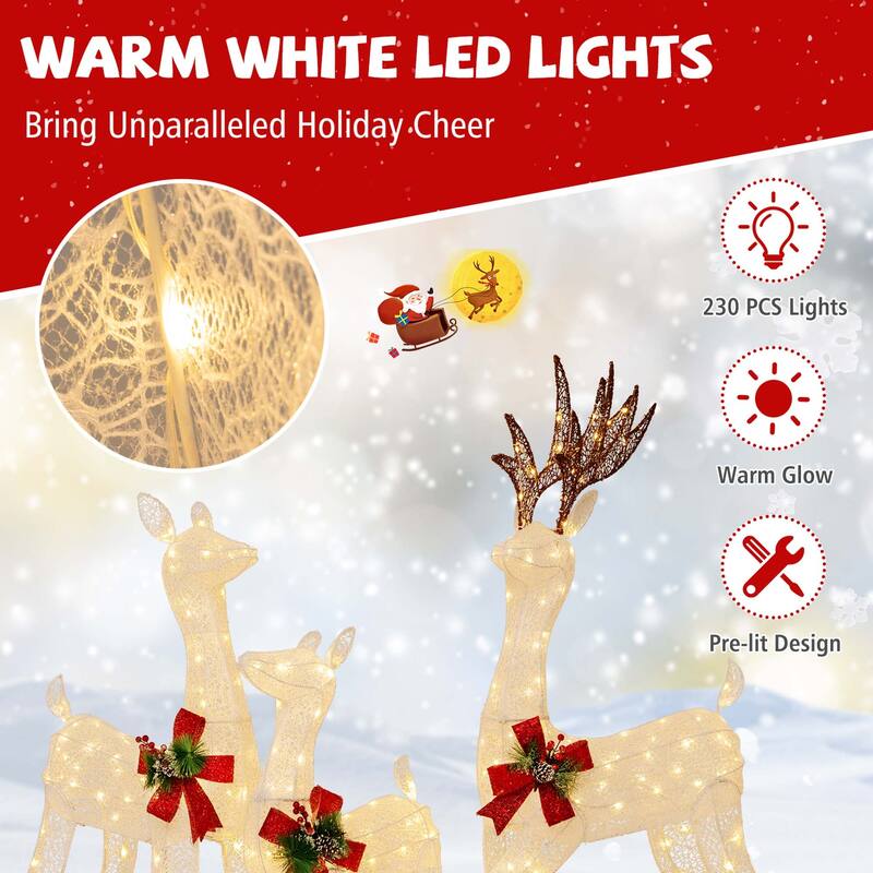 3 PCS Pre-lit Christmas Reindeer 3D Lighted Glitter Deer Decoration - White
